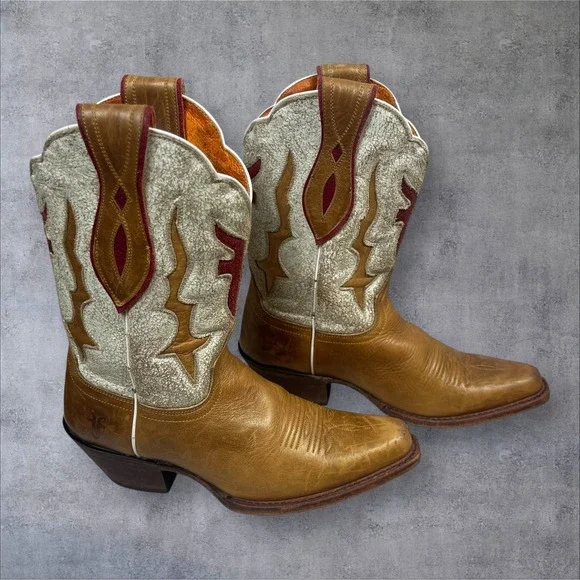 Frye Lilly Short Tan Leather Western Boots Womens 6B Inlay Detail Boho Festival - Picture 2 of 12